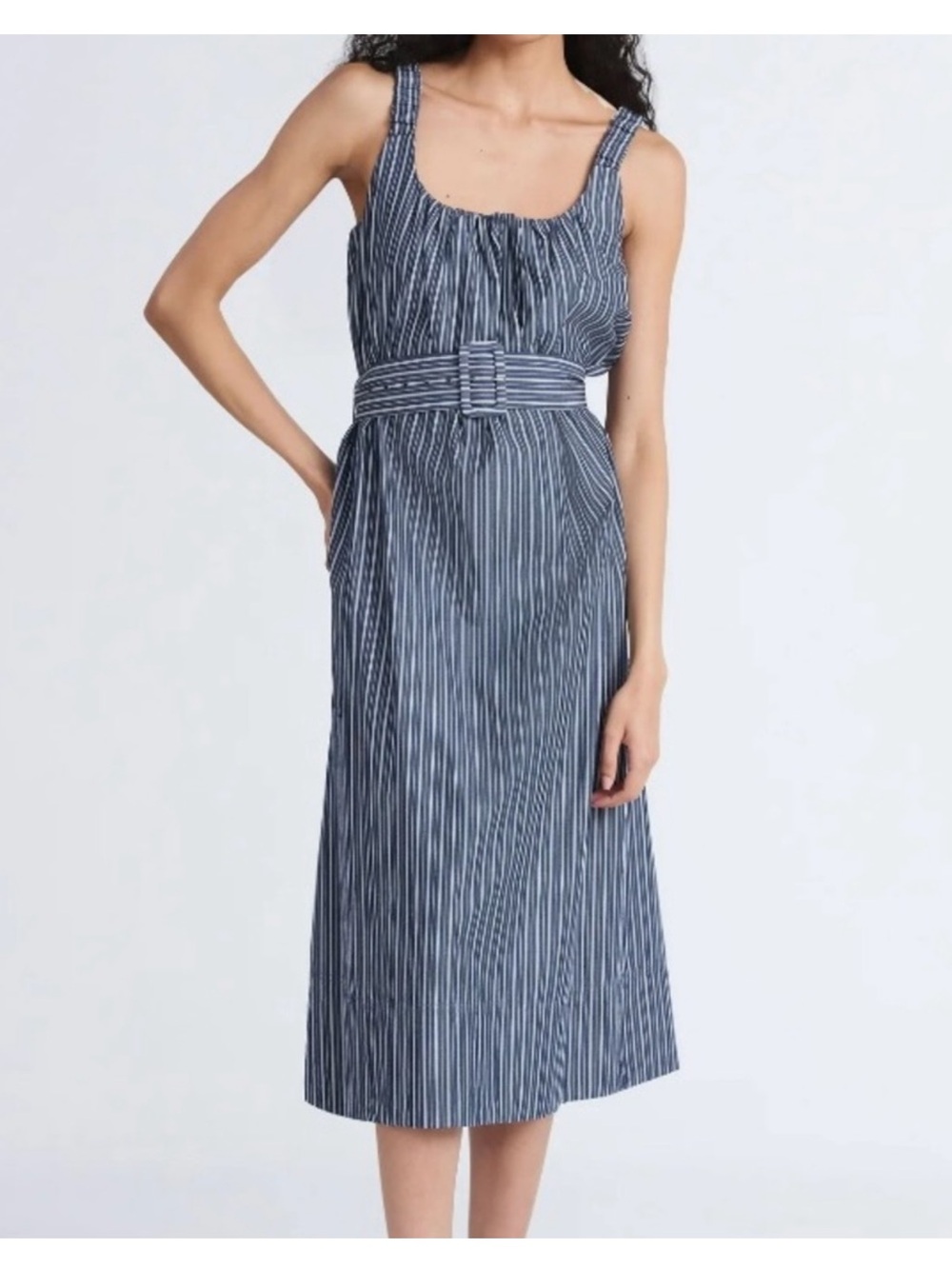 Striped Blue 🦋 Midi Dress with Belt